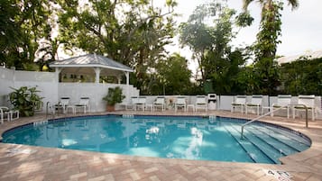 A heated pool, pool loungers