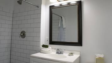 Une salle de bain avec un lavabo blanc, un miroir à cadre noir et un espace douche.