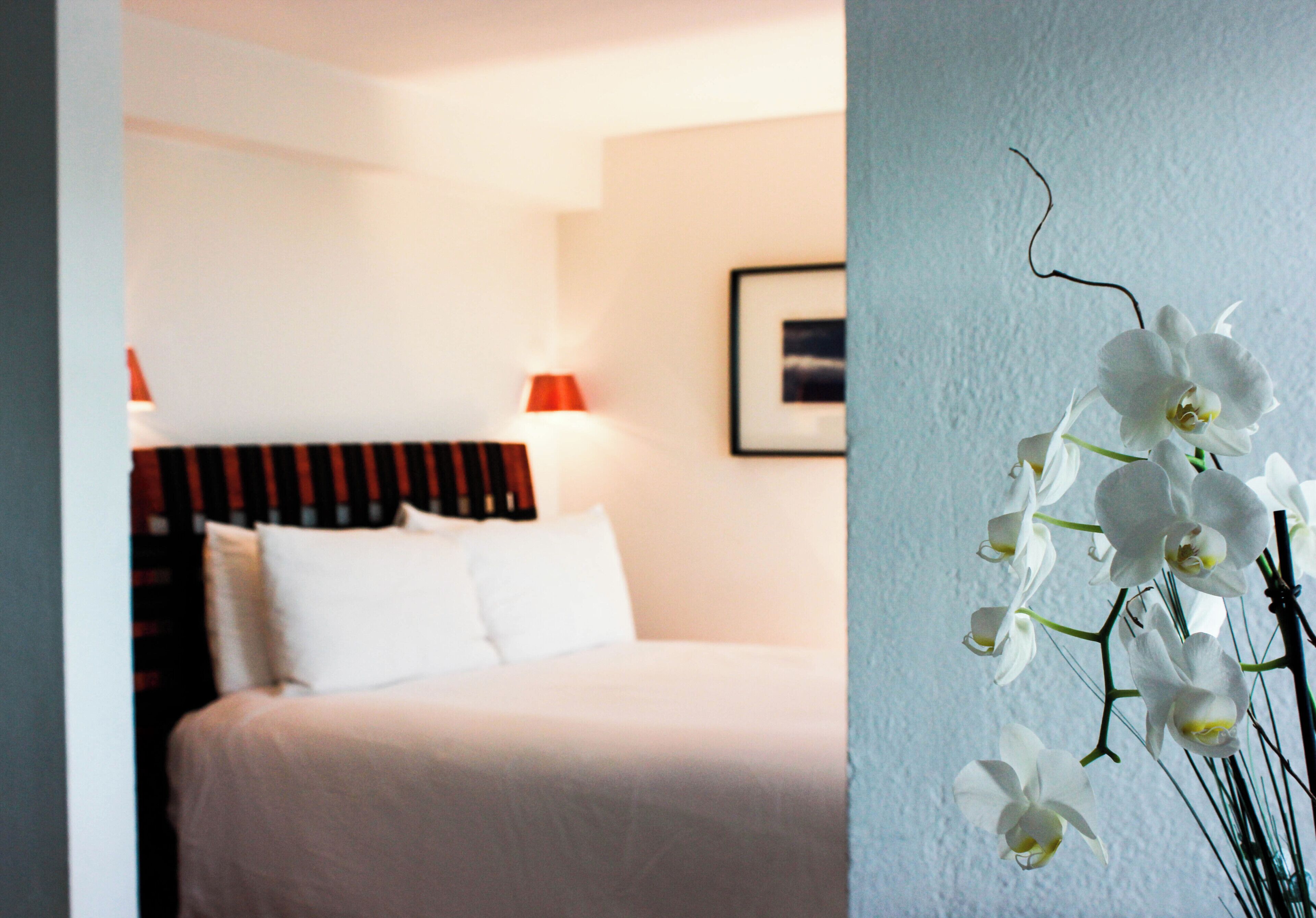 Una camera d'albergo con un letto, cuscini, una cornice sulla parete e un vaso con fiori bianchi.