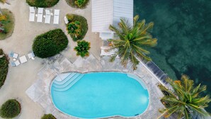 Vue aérienne d’un complexe hôtelier avec une piscine, des chaises longues et des palmiers.