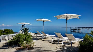 Beach nearby, white sand, sun loungers, beach umbrellas