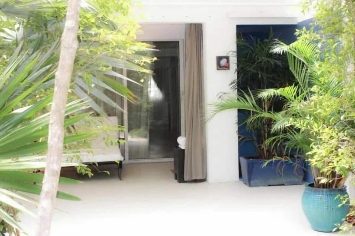 Entrada de hotel com porta de vidro, cortina bege e plantas em vasos de ambos os lados.