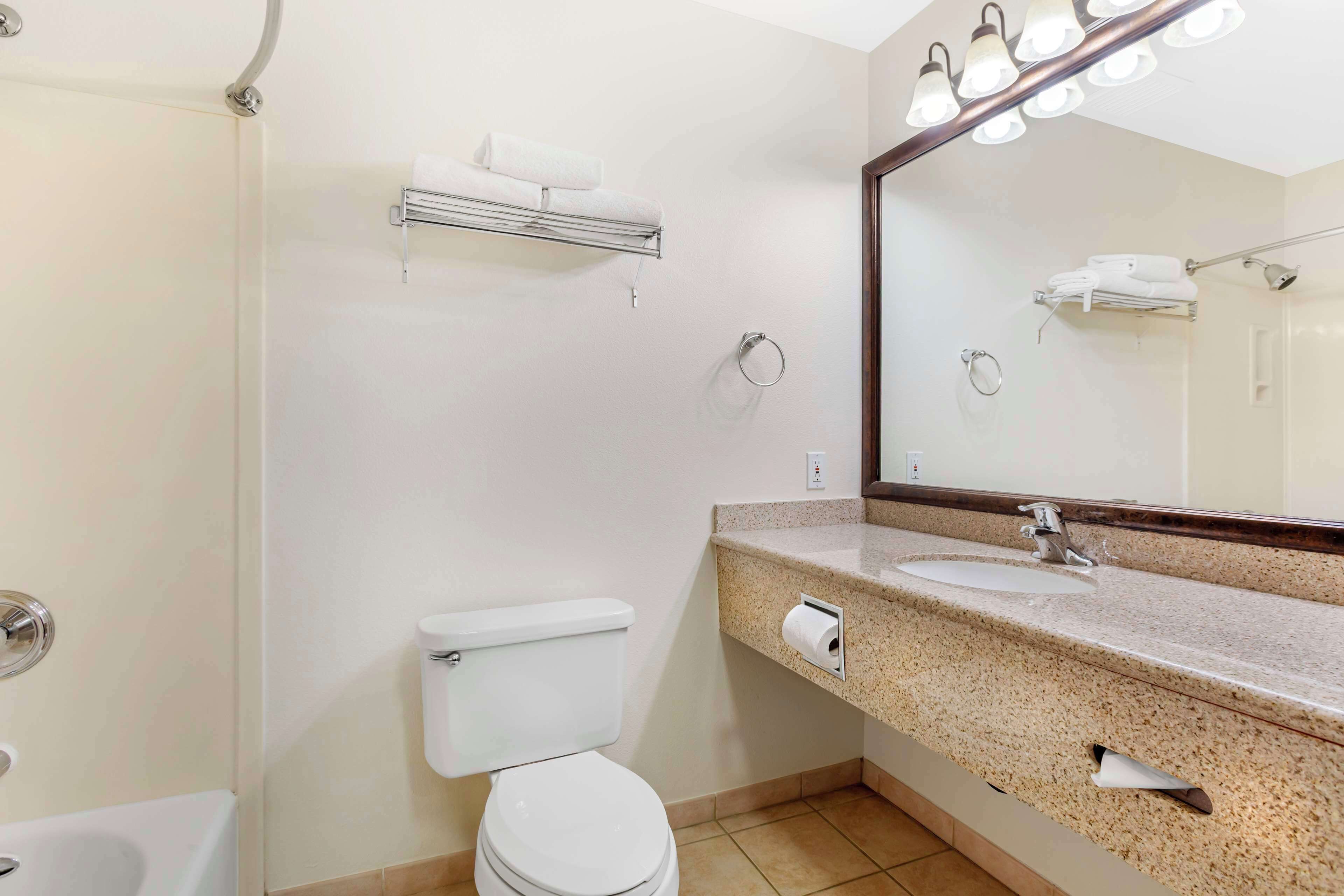 combined shower/bathtub, free toiletries, hair dryer, towels