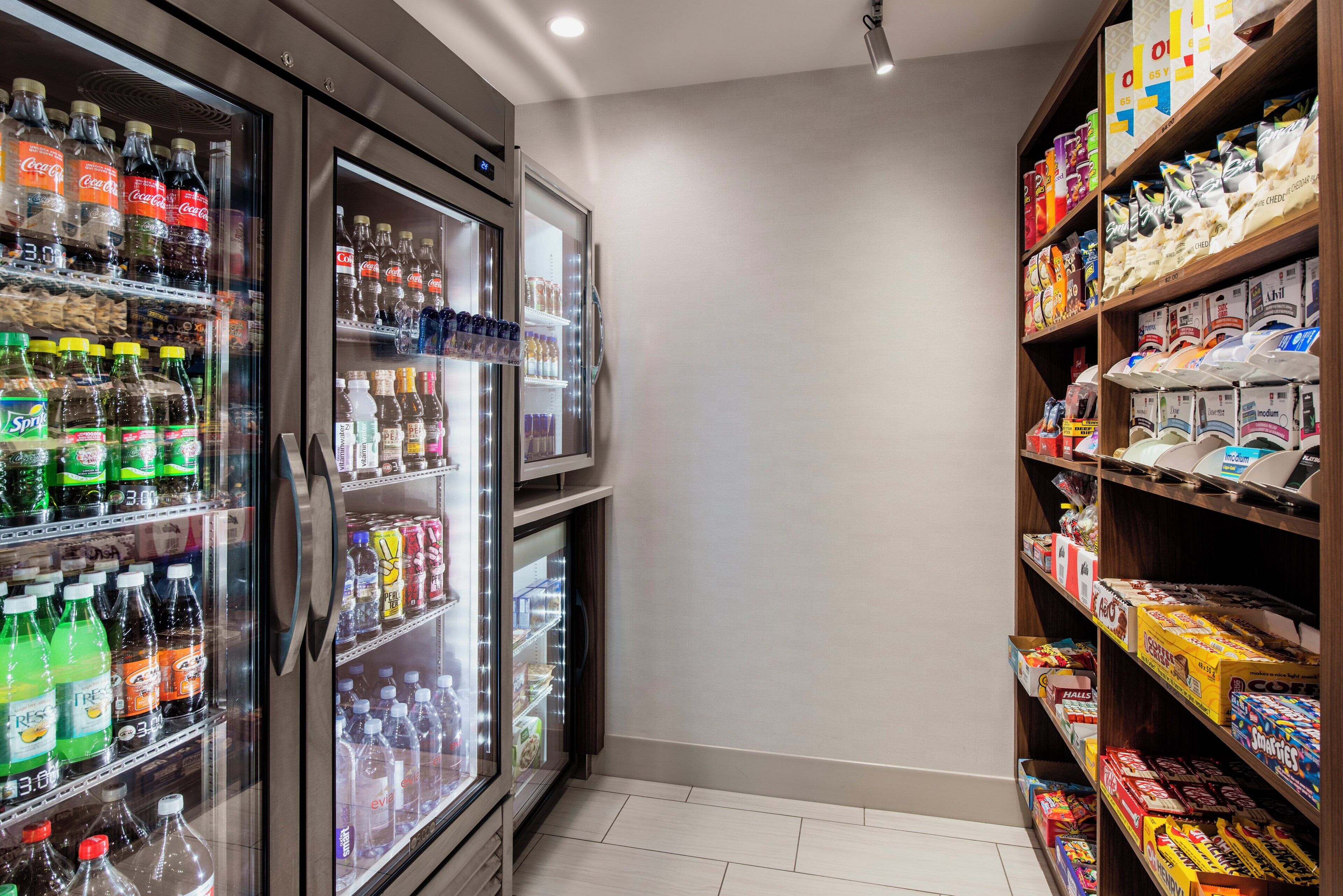 A vending area with various beverages and snacks.