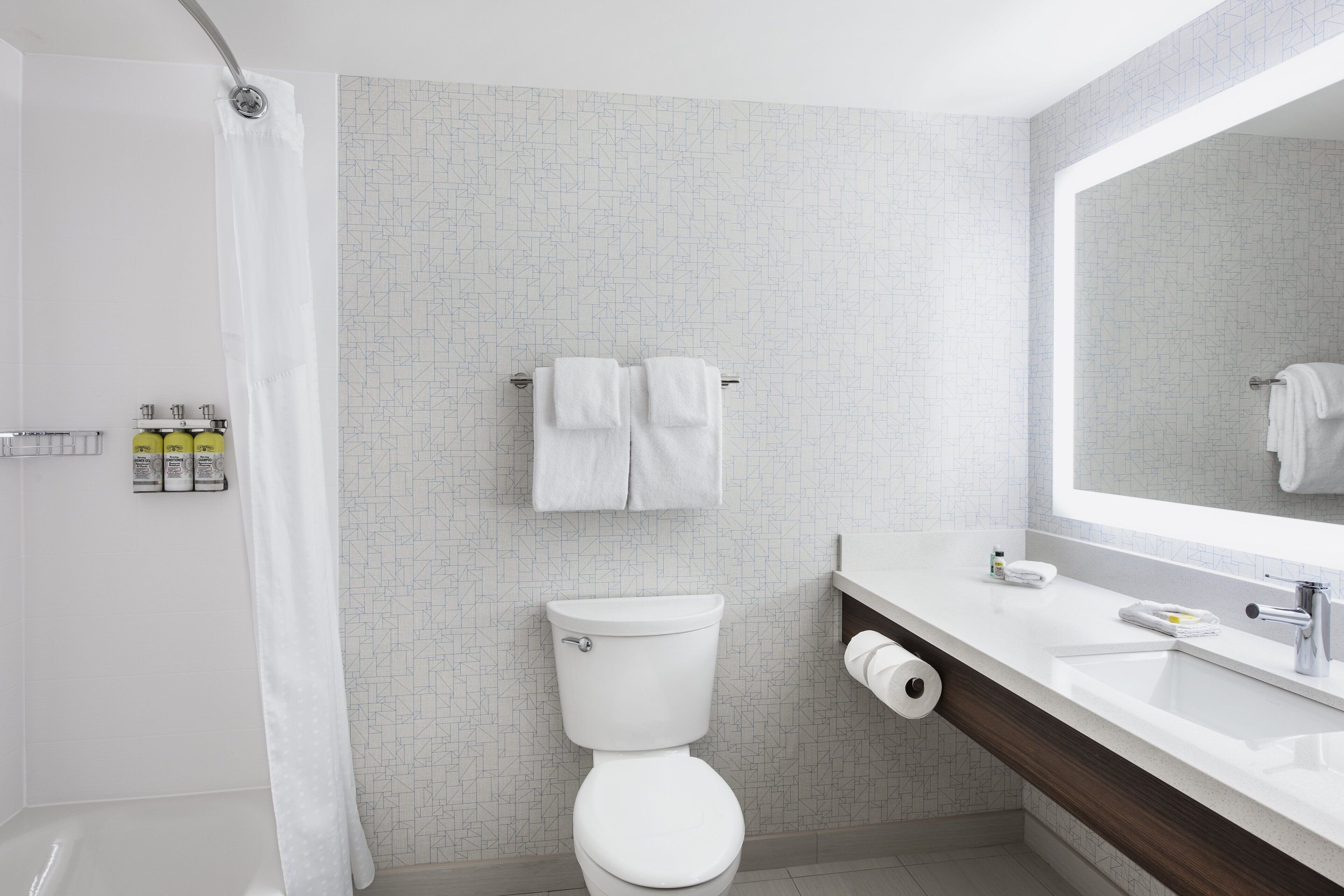 combined shower/bathtub, free toiletries, hair dryer, towels