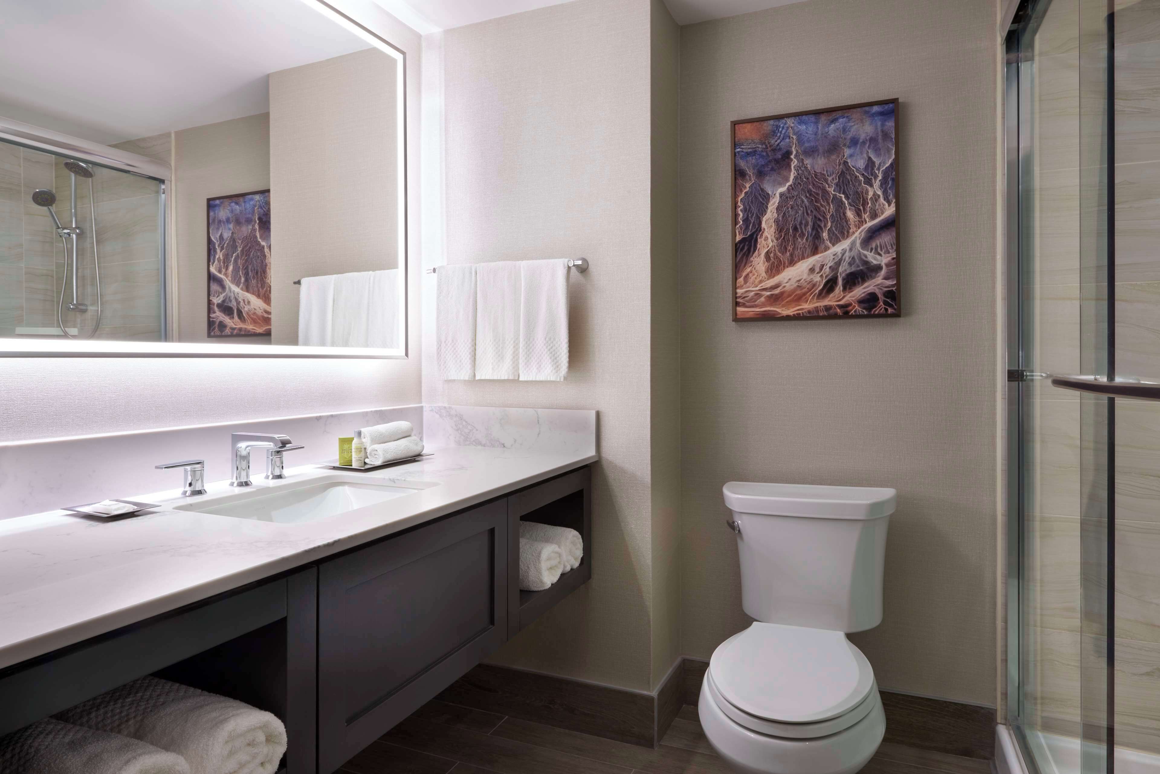 A modern bathroom with a large mirror, a sink, a toilet, and a shower.