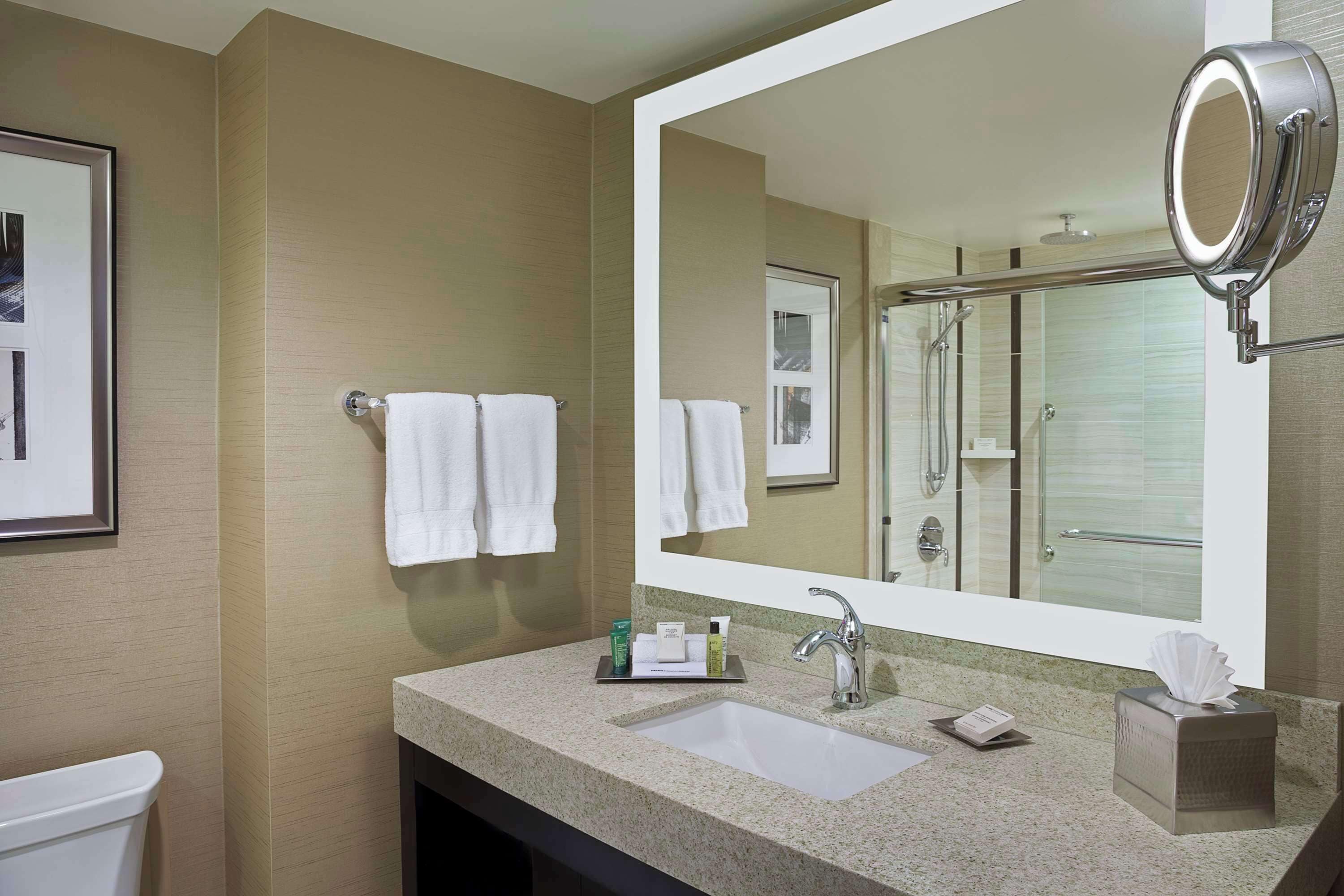 A hotel bathroom with a large mirror, a sink, a toilet, and a shower area.