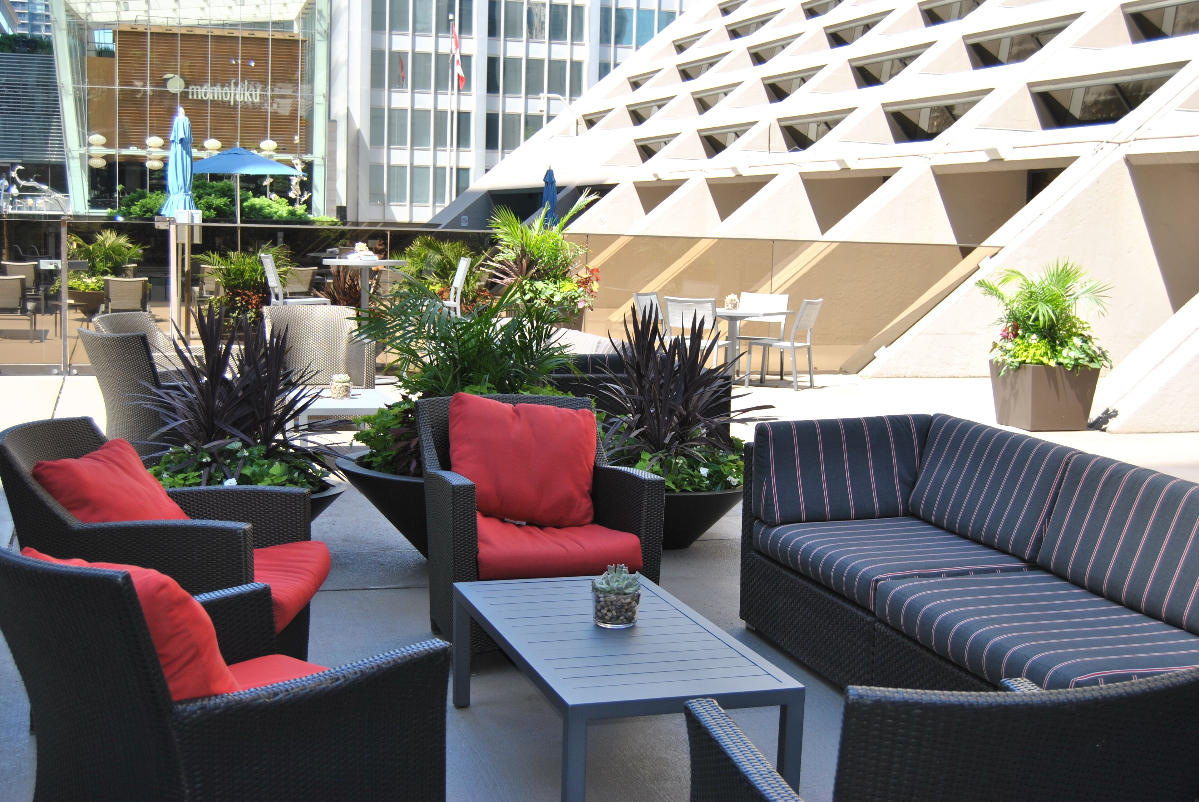 An outdoor seating area with wicker furniture, red cushions, and potted plants.