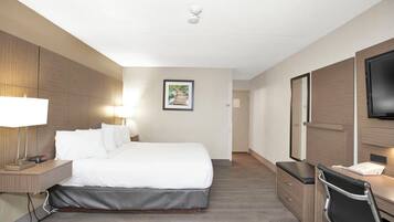 Habitación de hotel con cama, mesita de noche, lámpara, escritorio, silla y televisor montado en la pared.