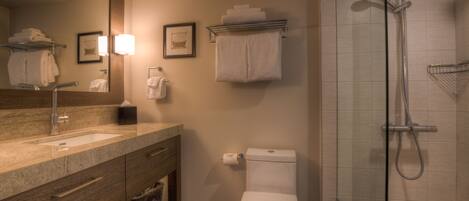 A modern bathroom with a sink, mirror, toilet, and shower.