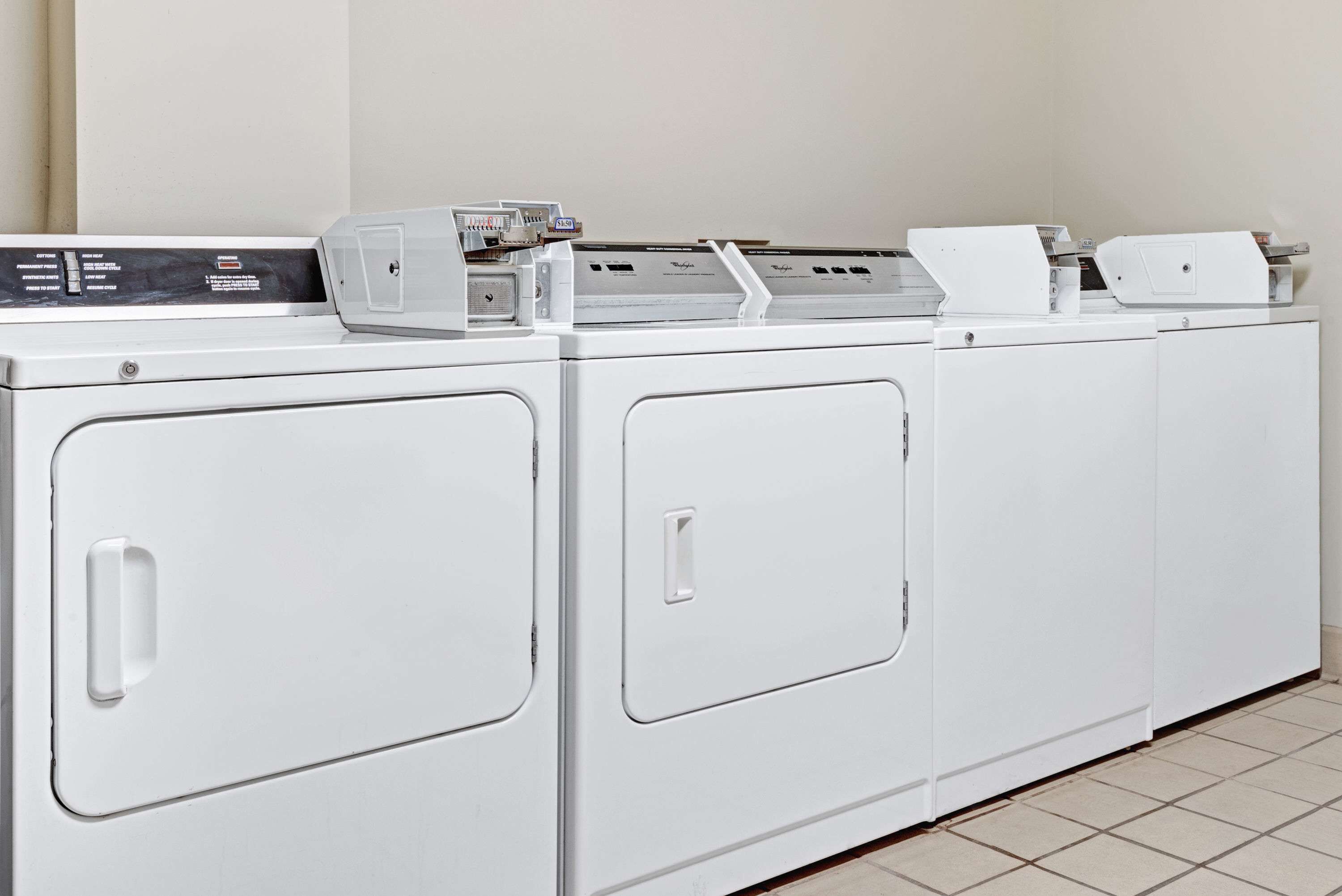 A row of white front-loading washing machines in a laundry room.