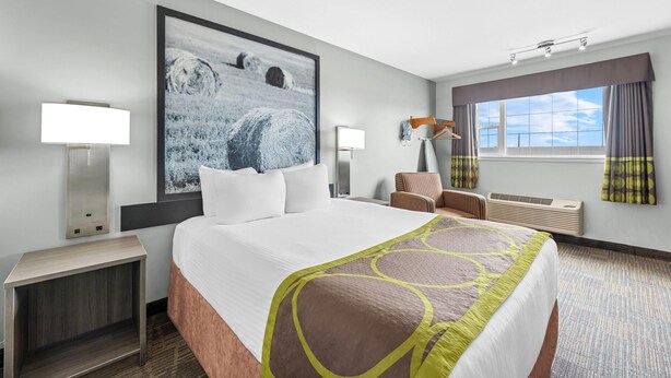 Habitación de hotel con una cama grande, una mesita de noche, una silla, un escritorio, una ventana con cortinas y un aire acondicionado instalado en la pared.