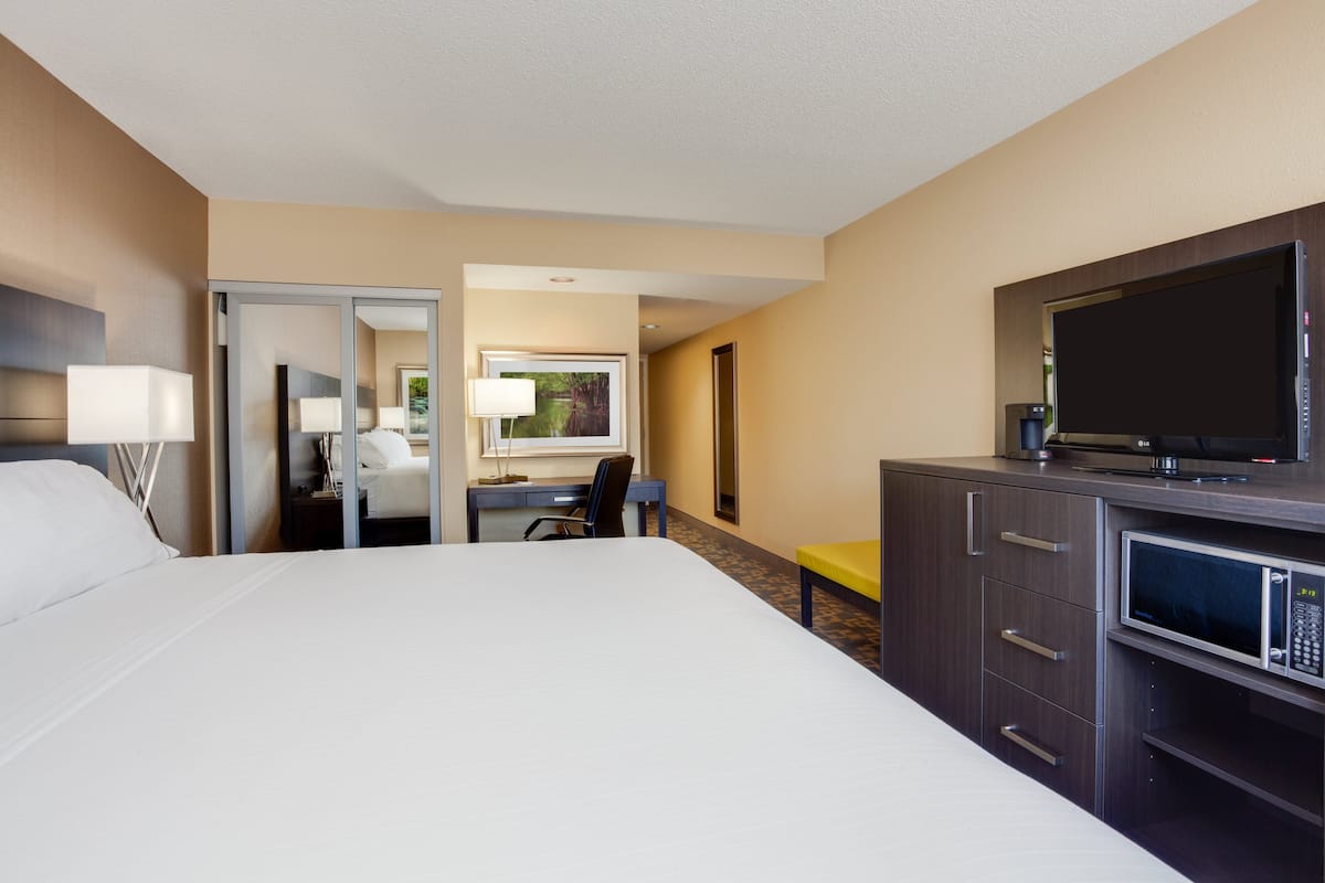 Una habitación de hotel con una cama grande, un escritorio con silla, televisión y microondas.