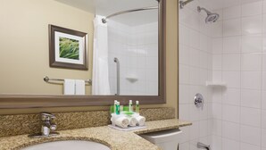 Une salle de bain avec un lavabo doté d’un plan de travail en granit, un grand miroir, un tableau encadré au mur et un espace douche.