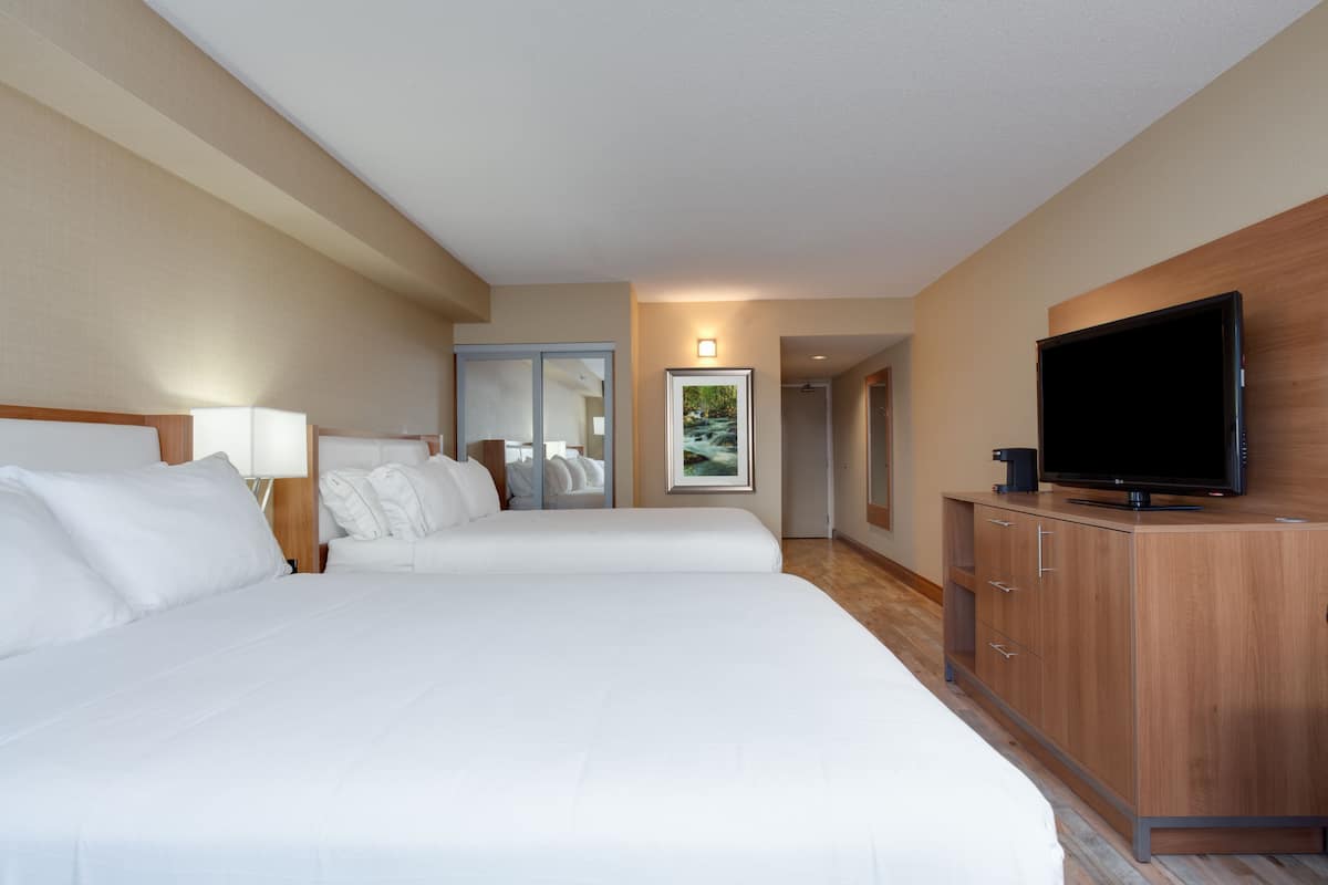 Habitación de hotel con dos camas, un televisor sobre un mueble de madera y un cuadro en la pared.