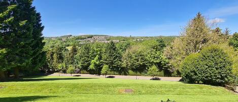 A well-maintained grassy area with trees and a distant view of a town on a hill.