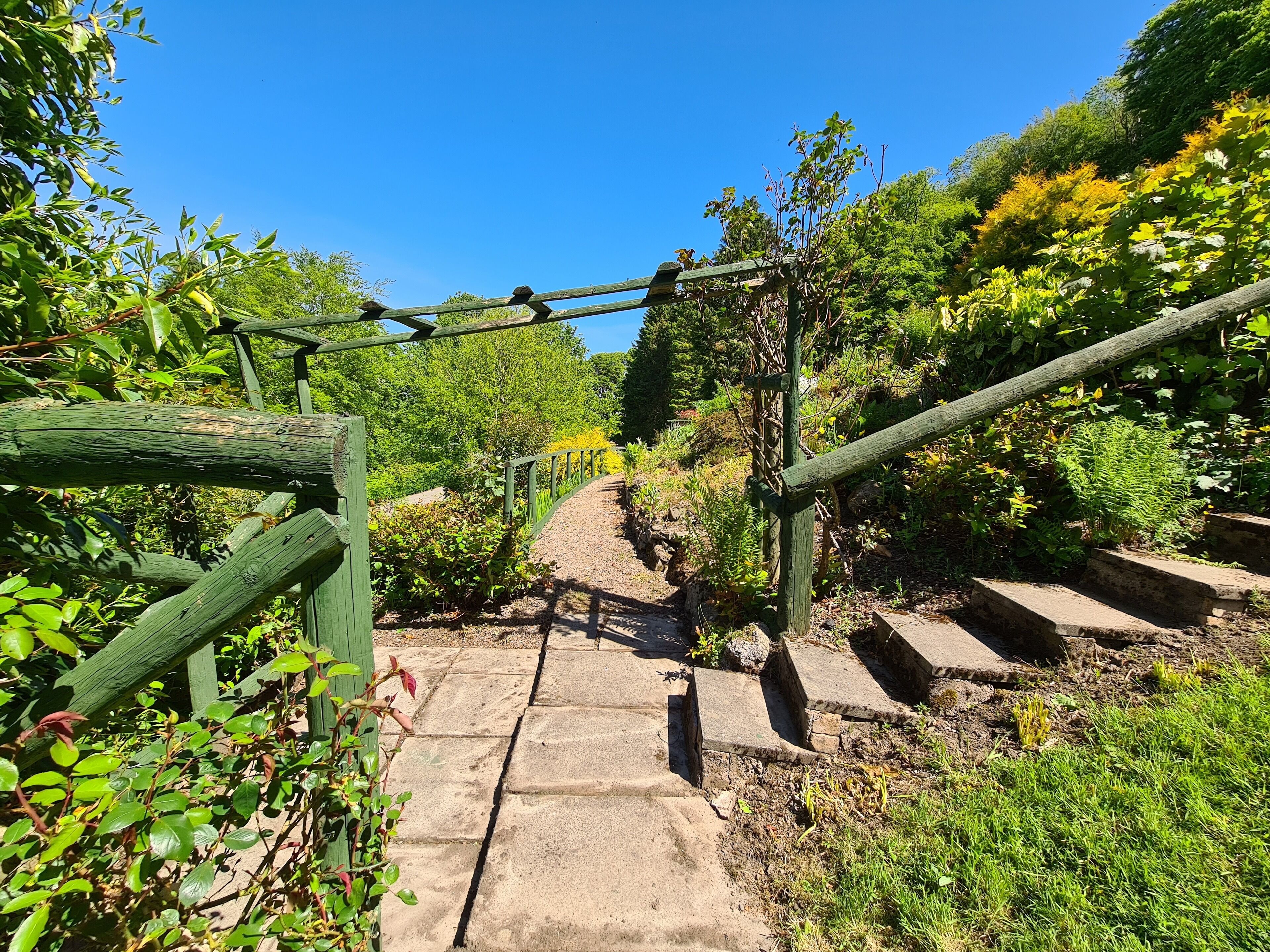 A stone staircase leading up a hill, surrounded by lush greenery and a clear blue sky.