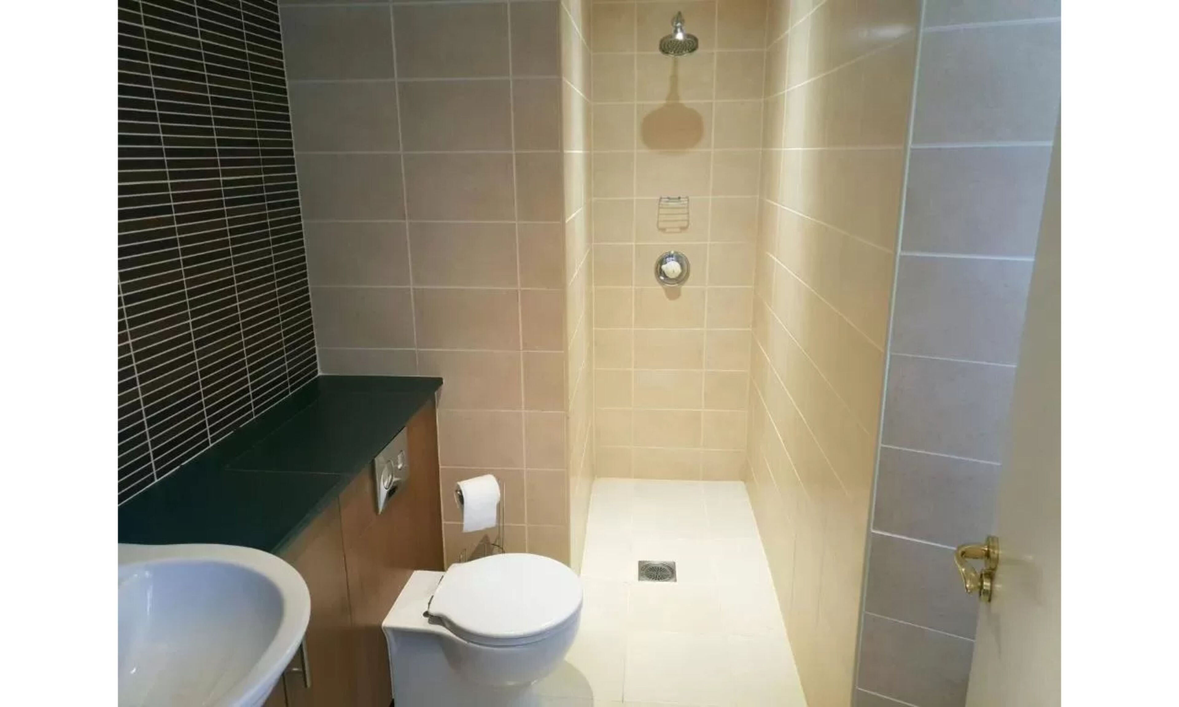 A bathroom with a toilet, sink, and shower.