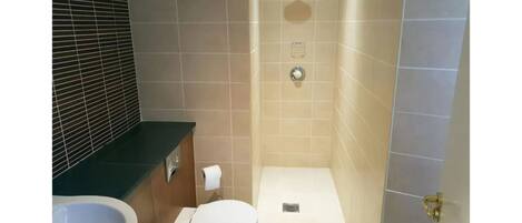A bathroom with a toilet, sink, and shower.