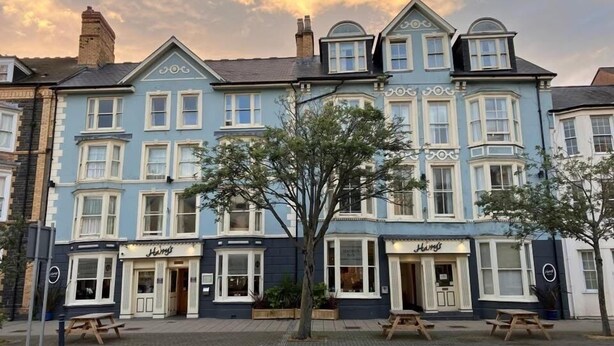 A row of blue and white Victorian-style buildings with bay windows and a tree in front. - Harry's Hotel (Aberystwyth)