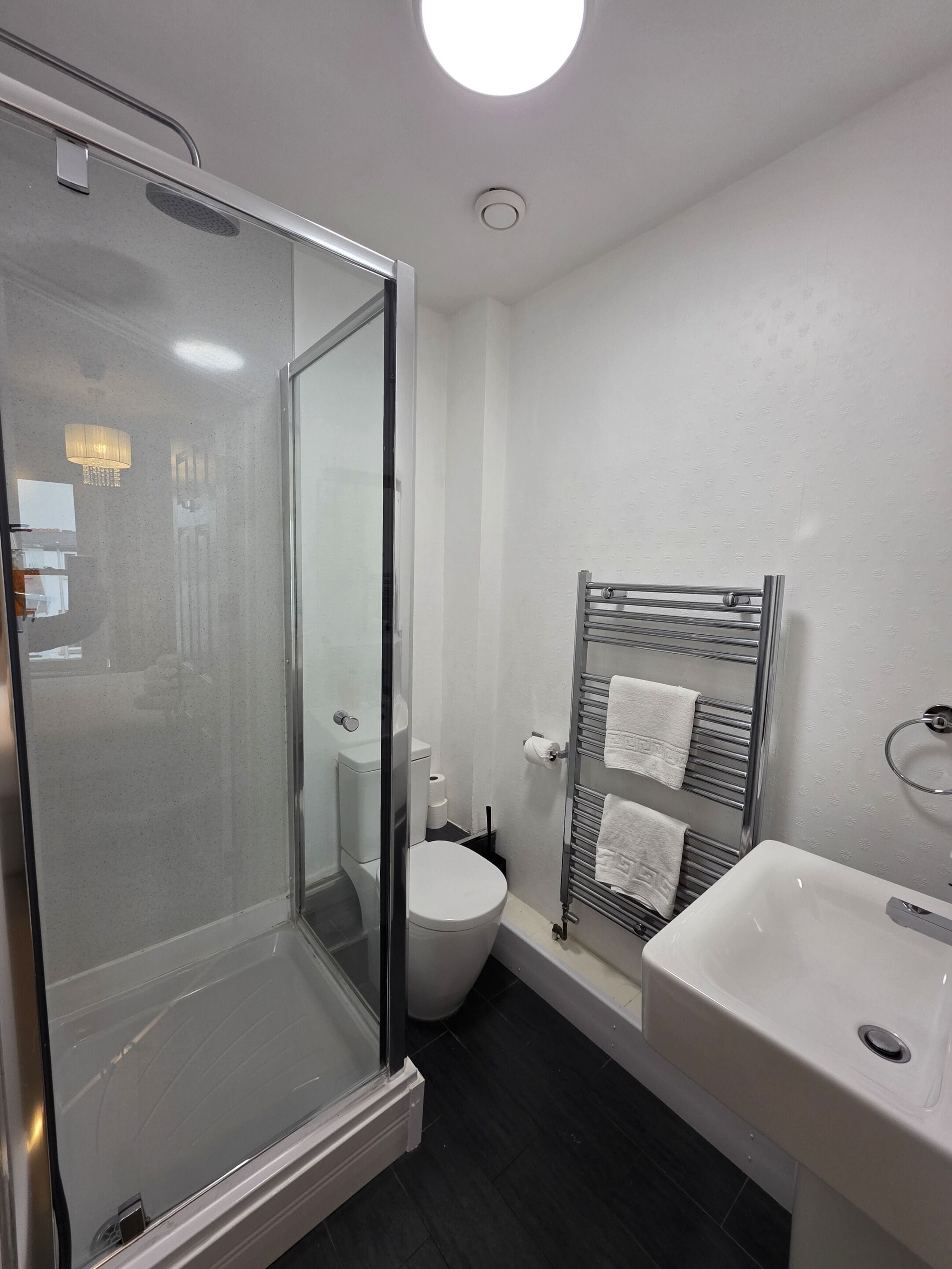 Ein modernes Badezimmer mit Duschkabine aus Glas, Toilette, Handtuchhalter und Waschbecken.