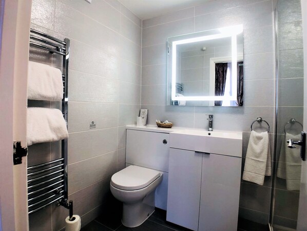 A modern bathroom with a toilet, sink, and glass shower enclosure.