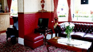 Een kamer met een rode bank, een televisie, een vaas met bloemen en een kamerbreed tapijt.