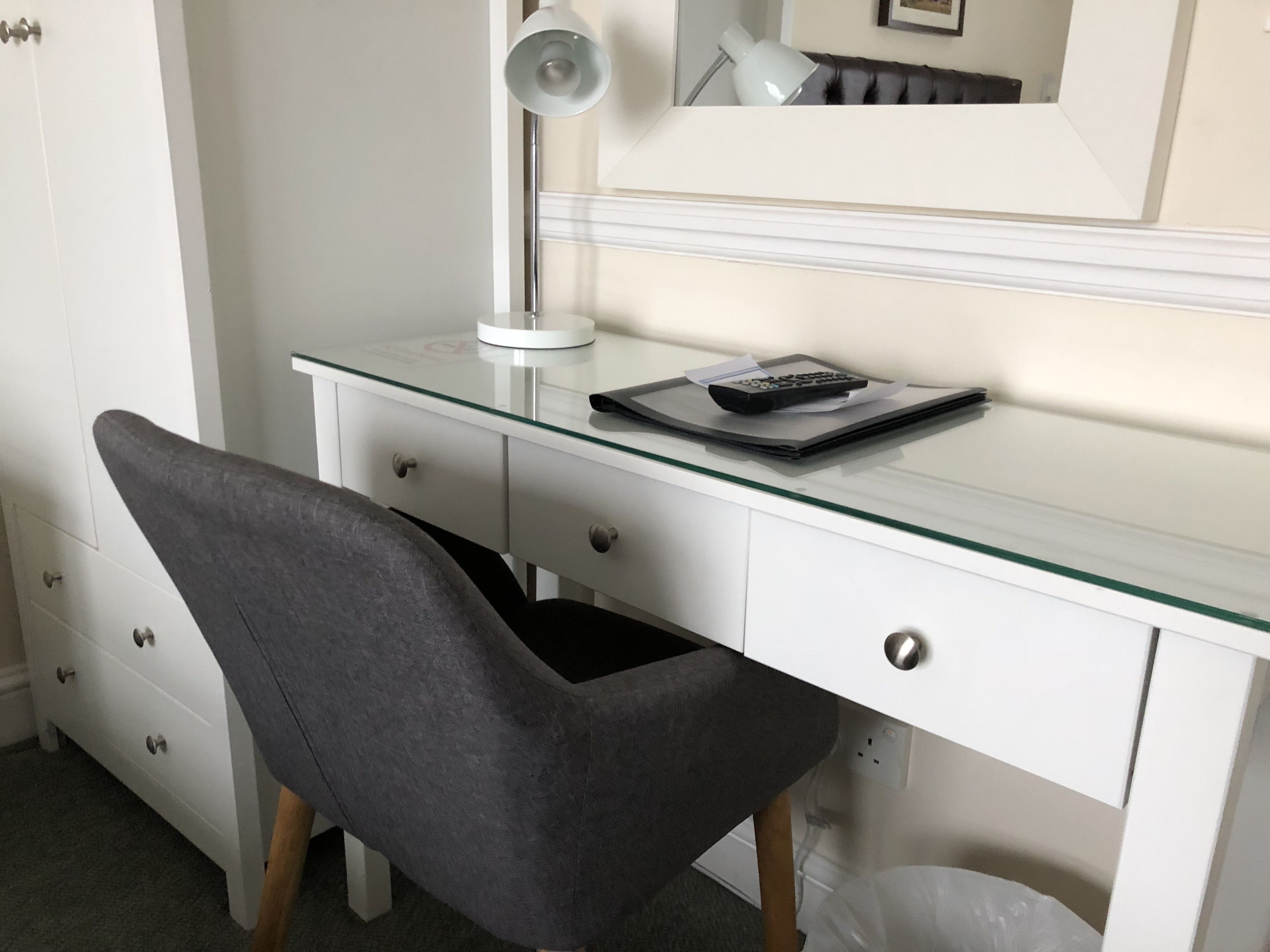 hypo-allergenic bedding, desk, blackout curtains, iron/ironing board