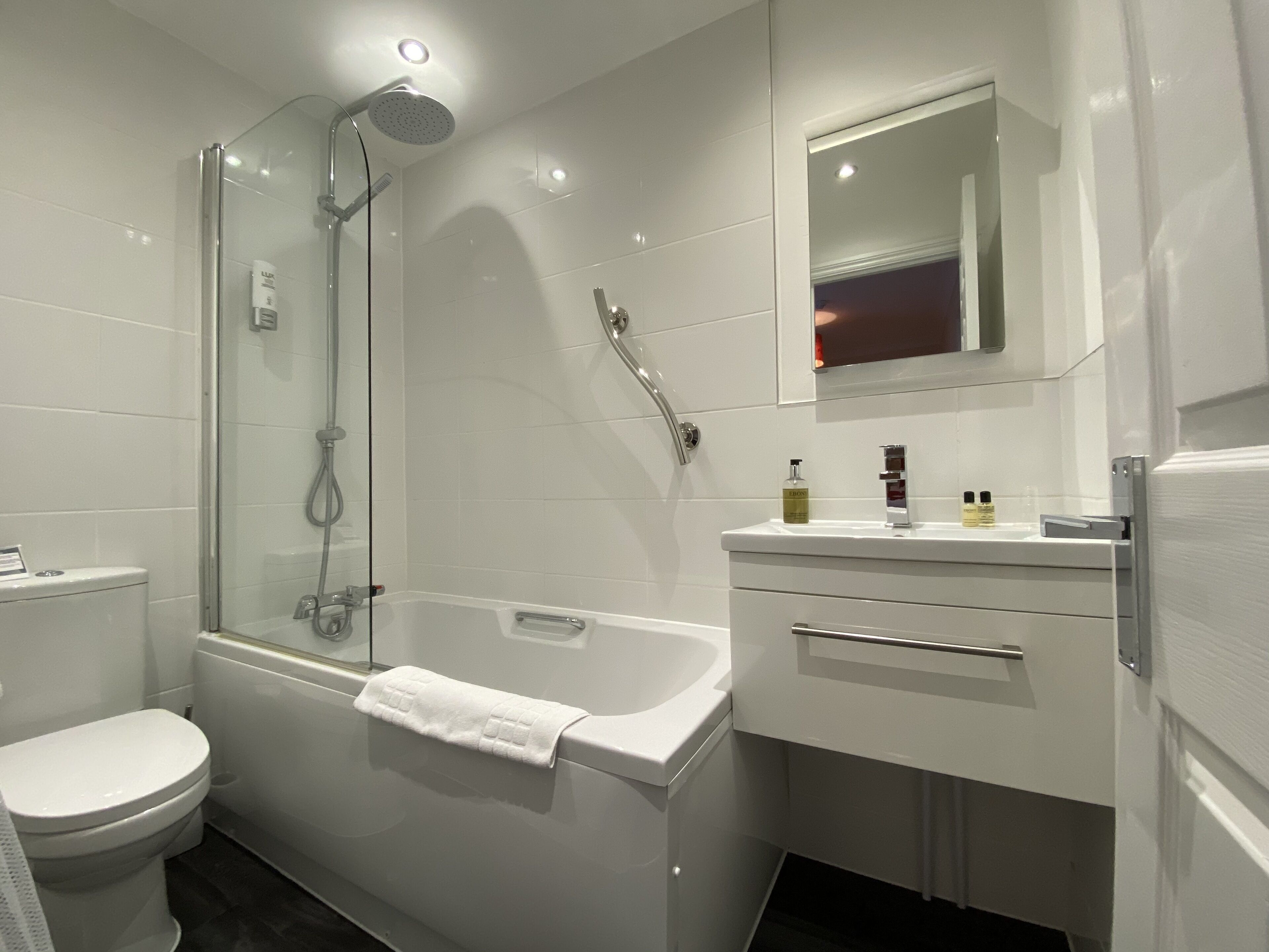 Ein modernes Badezimmer mit einer gläsernen Duschkabine, einer weißen Toilette und einem Waschbecken mit Pflegeprodukten.