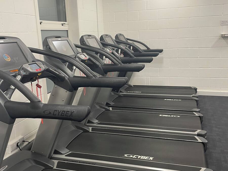 Varias cintas de correr Cybex en un gimnasio con paredes de ladrillo blanco y una ventana.