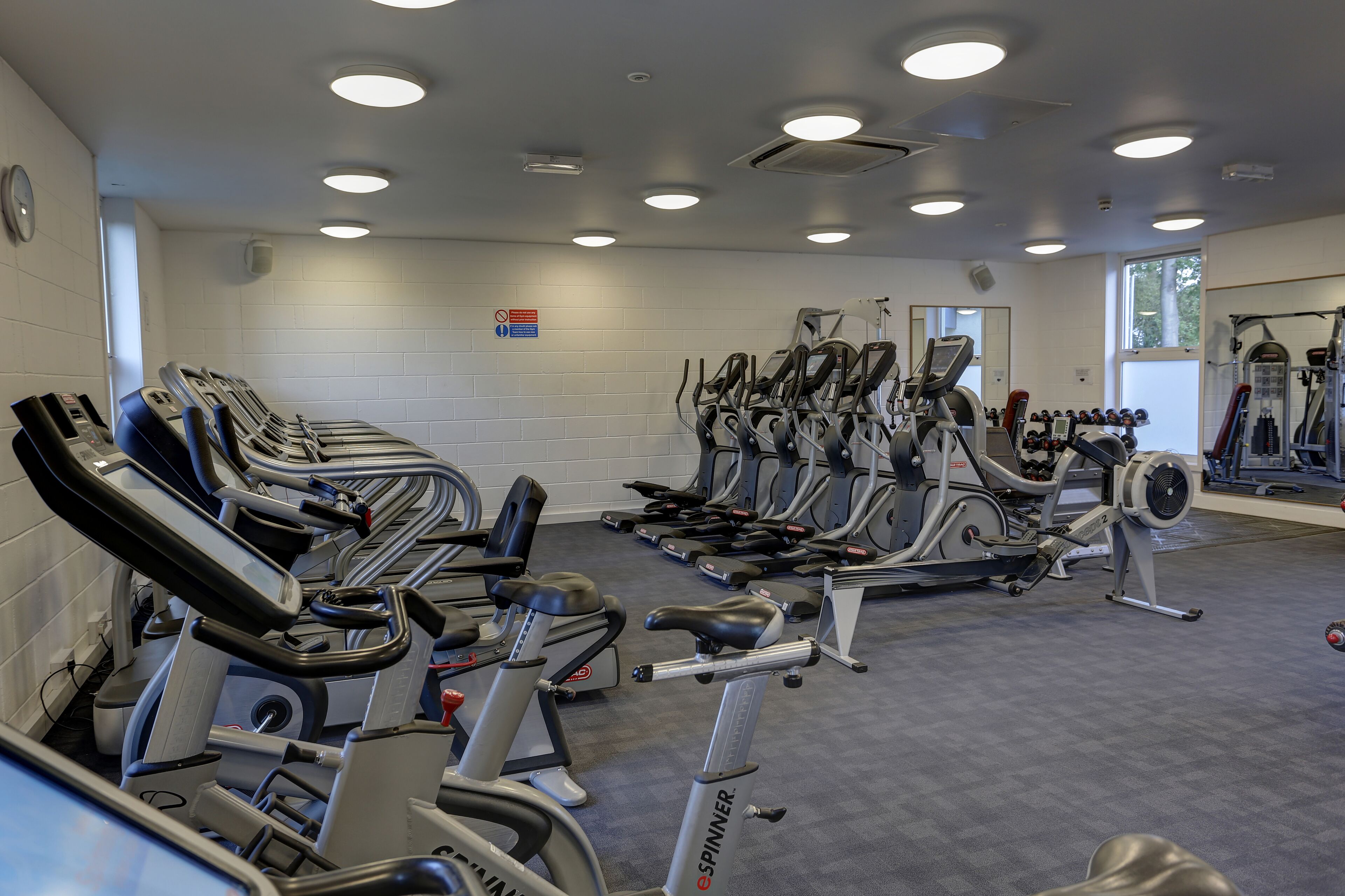 A gym with multiple exercise machines, including treadmills and stationary bikes, arranged in rows.