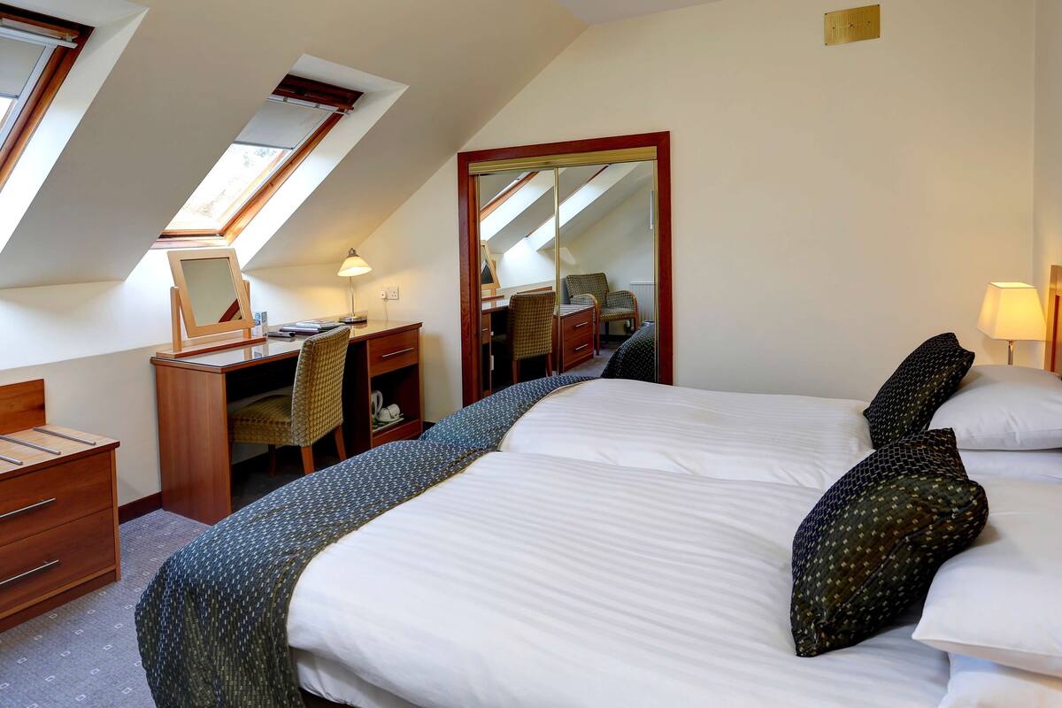 A hotel room with a bed, a desk, a chair, a wardrobe, and a mirror.