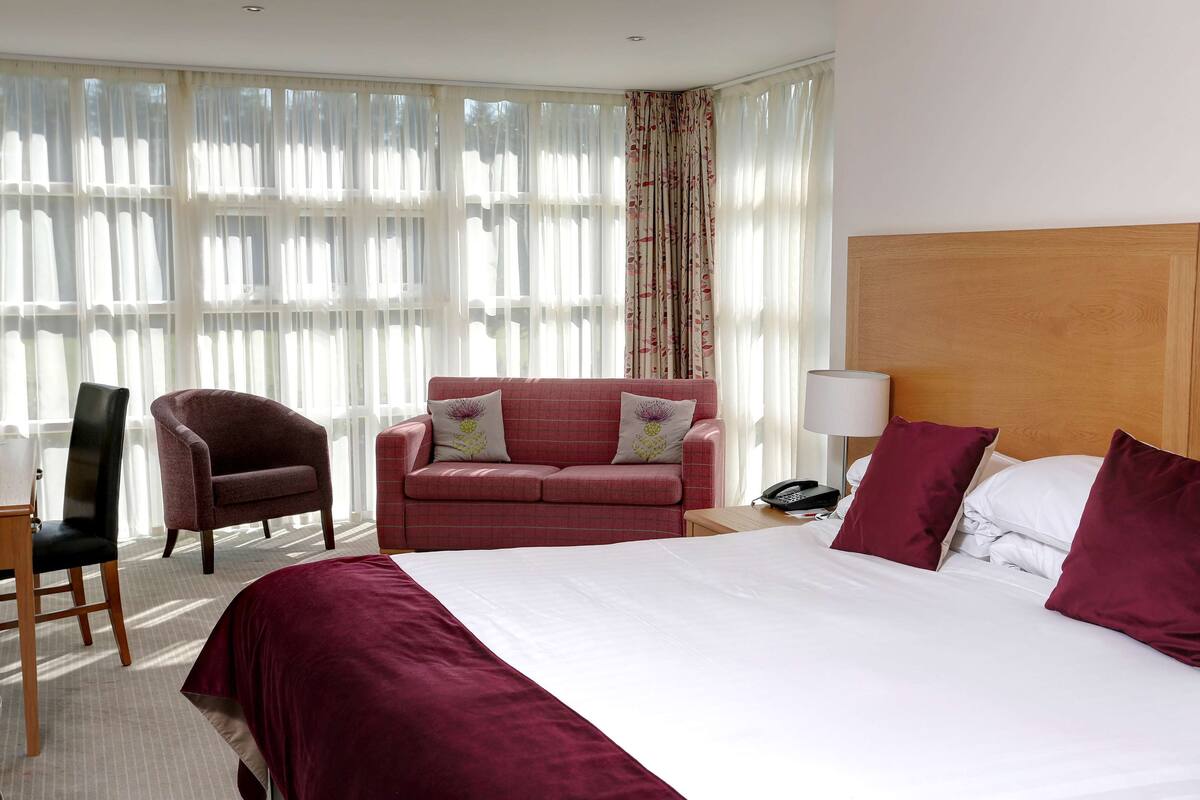 A hotel room with a large bed, a red sofa, a wooden chair, and a desk.