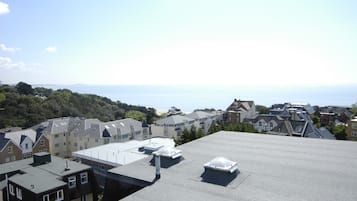 A residential area with multiple houses, a clear view of the sea, and a rooftop with a flat roof and several skylights.