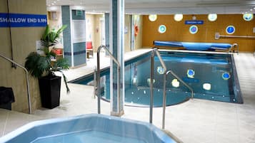 Indoor pool, open 7 AM to 9 PM, sun loungers
