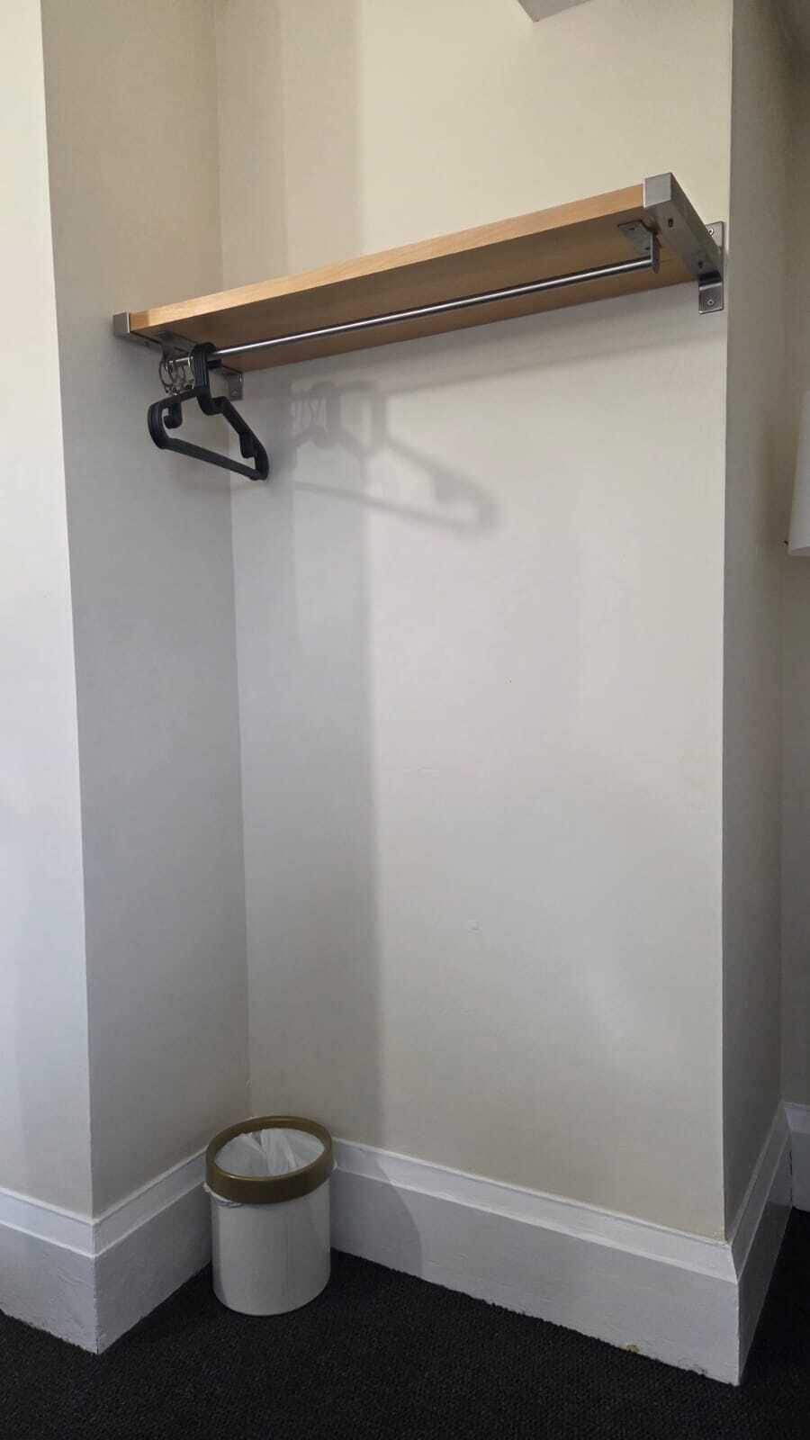 A corner of a room with a white wall, a wooden shelf, a black hanger, and a white trash can.