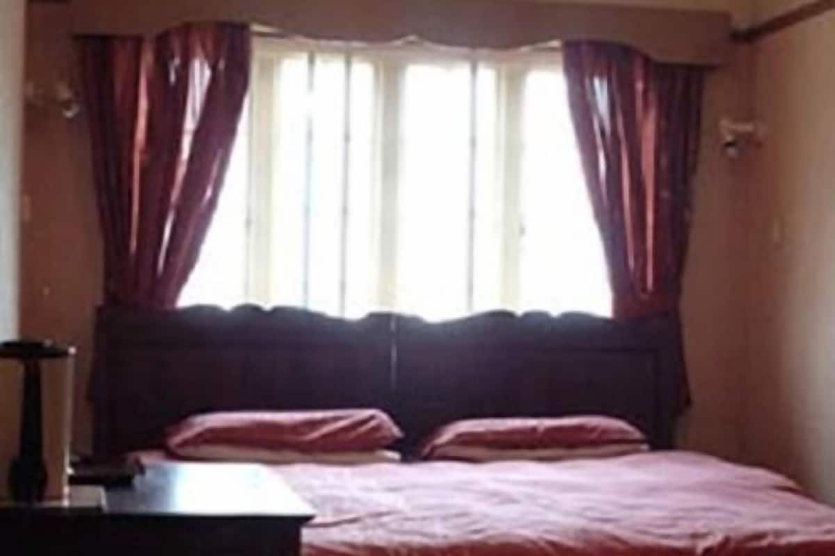 A room with a bed, curtains, and a window.