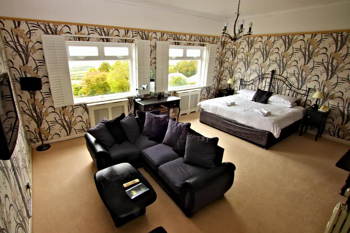 A bedroom with a large bed, a sofa, and a desk. There are two windows with shutters, and a TV is mounted on the wall.