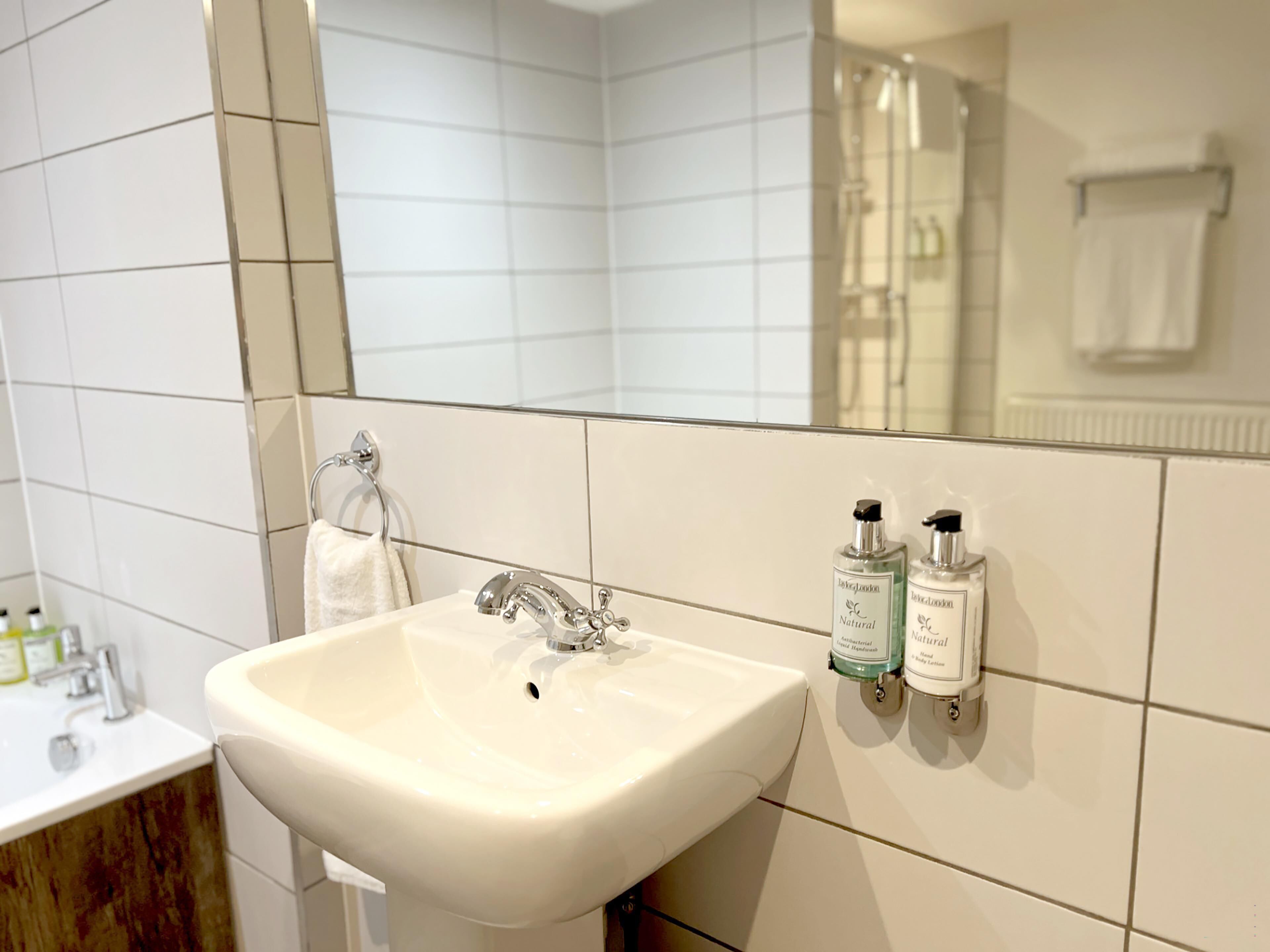 A bathroom with a white sink, a mirror, and two bottles of lotion on the wall.