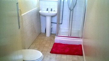 Een kleine badkamer met toilet, wastafel en douche.