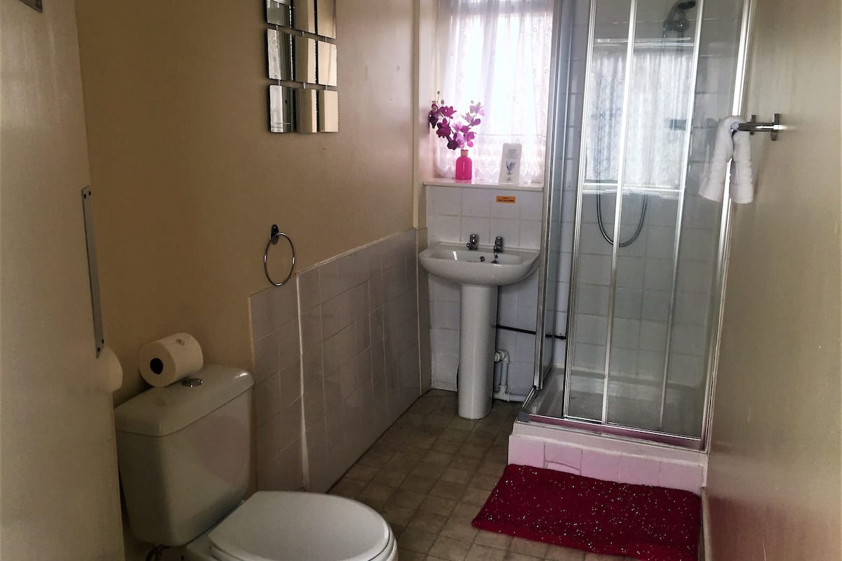 A compact bathroom with a toilet, sink, and glass shower enclosure.