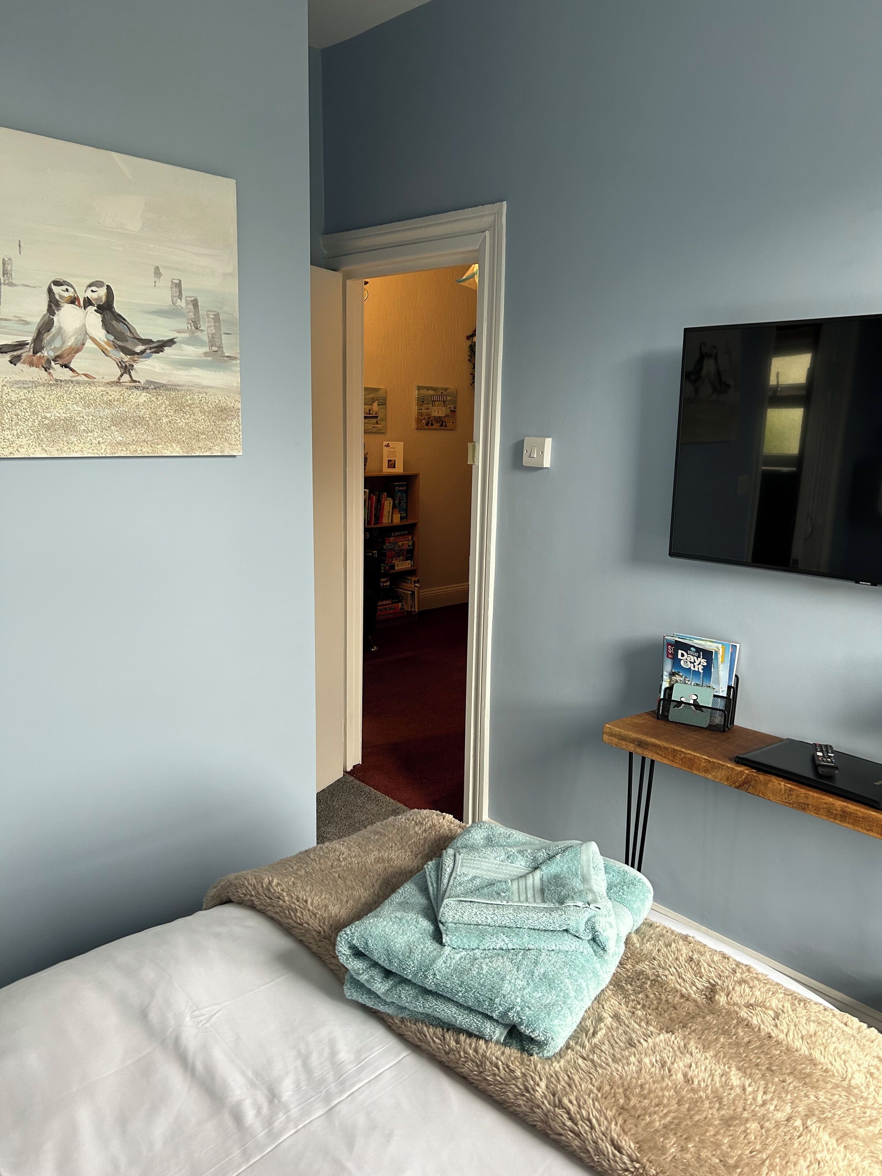 A bedroom with a bed, a TV, a bookshelf, and a door leading to another room.
