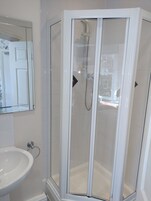 A modern bathroom with a glass-enclosed shower, a white sink, and a mirror above the sink.