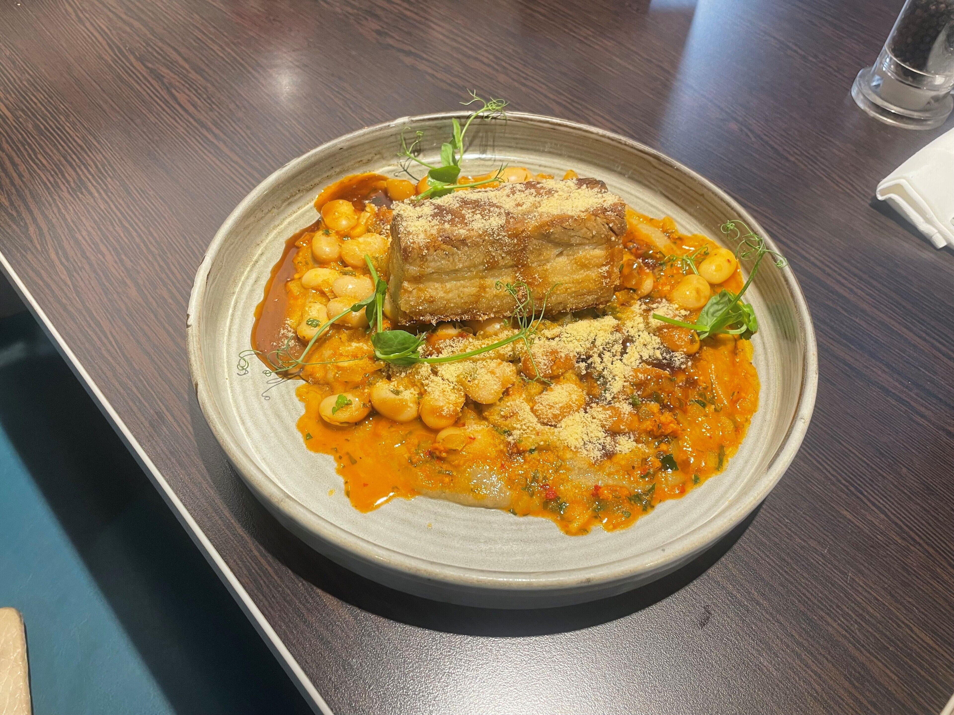 A plate of food with a piece of meat, beans, and sauce on a ceramic plate.