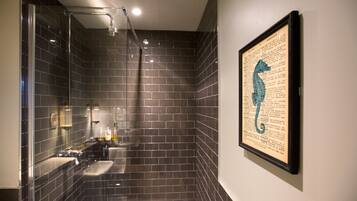 Combined shower/bathtub, free toiletries, hair dryer, towels