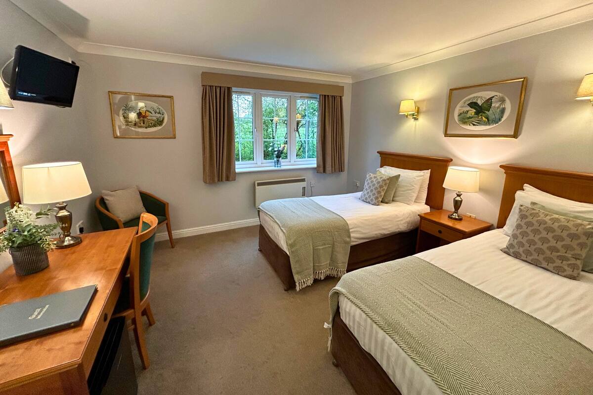 A hotel room with two beds, a desk, a chair, a television, and a window with curtains.