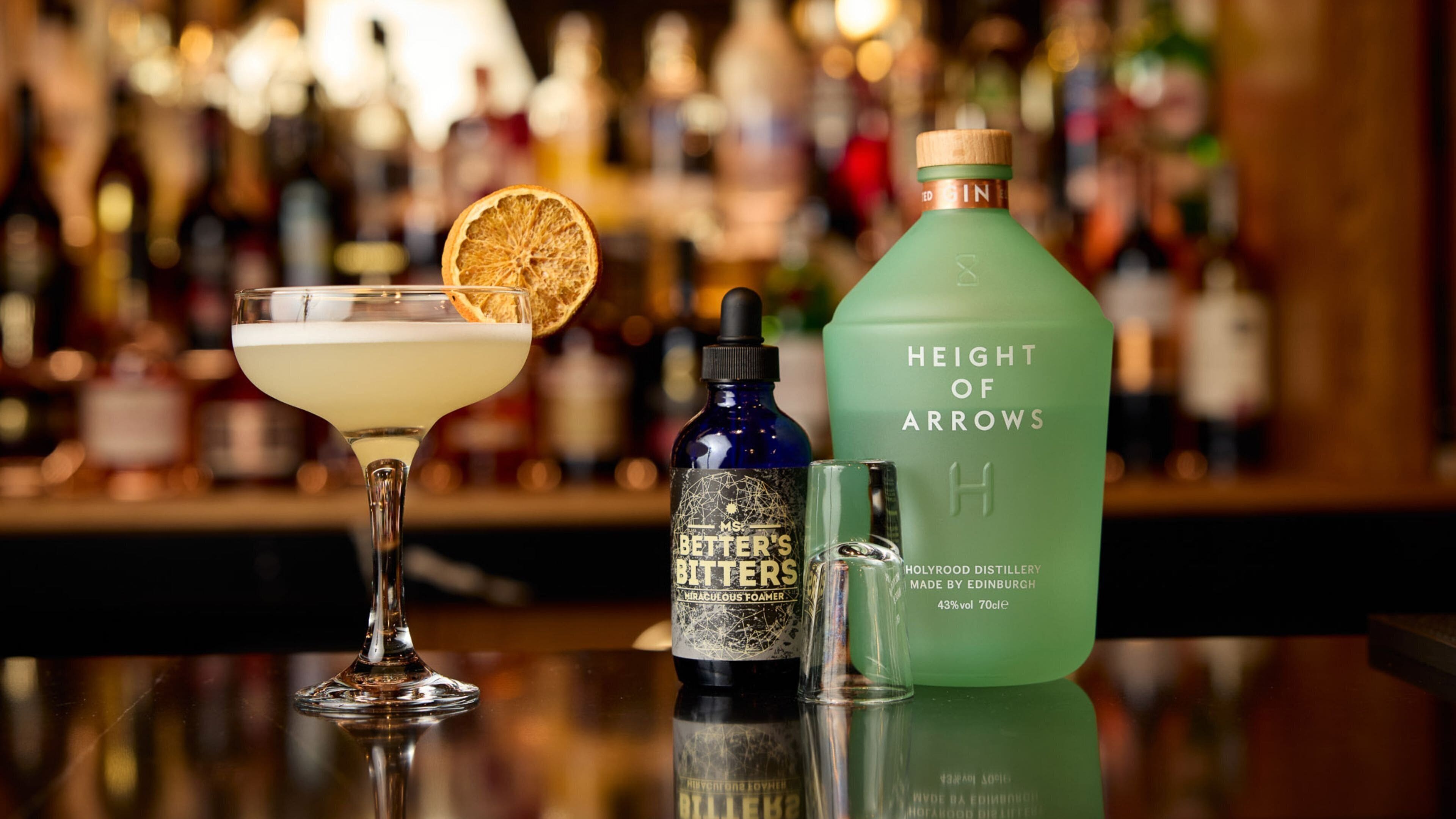 A bar setting with a martini glass, a bottle of 'Height of Arrows' gin, and a bottle of 'Better's Bitters'.