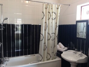 Combined shower/tub, free toiletries, hair dryer, towels