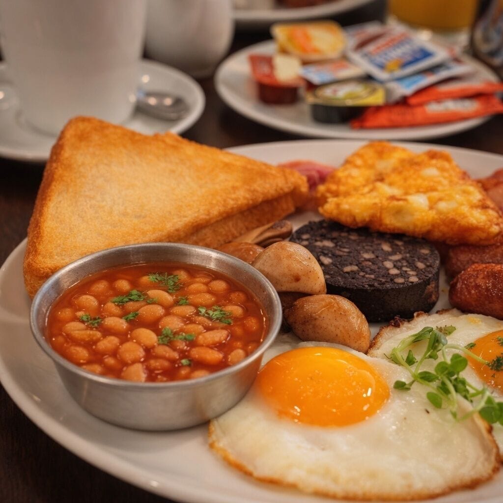A breakfast plate with toast, beans, sausage, fried egg, and hash browns.