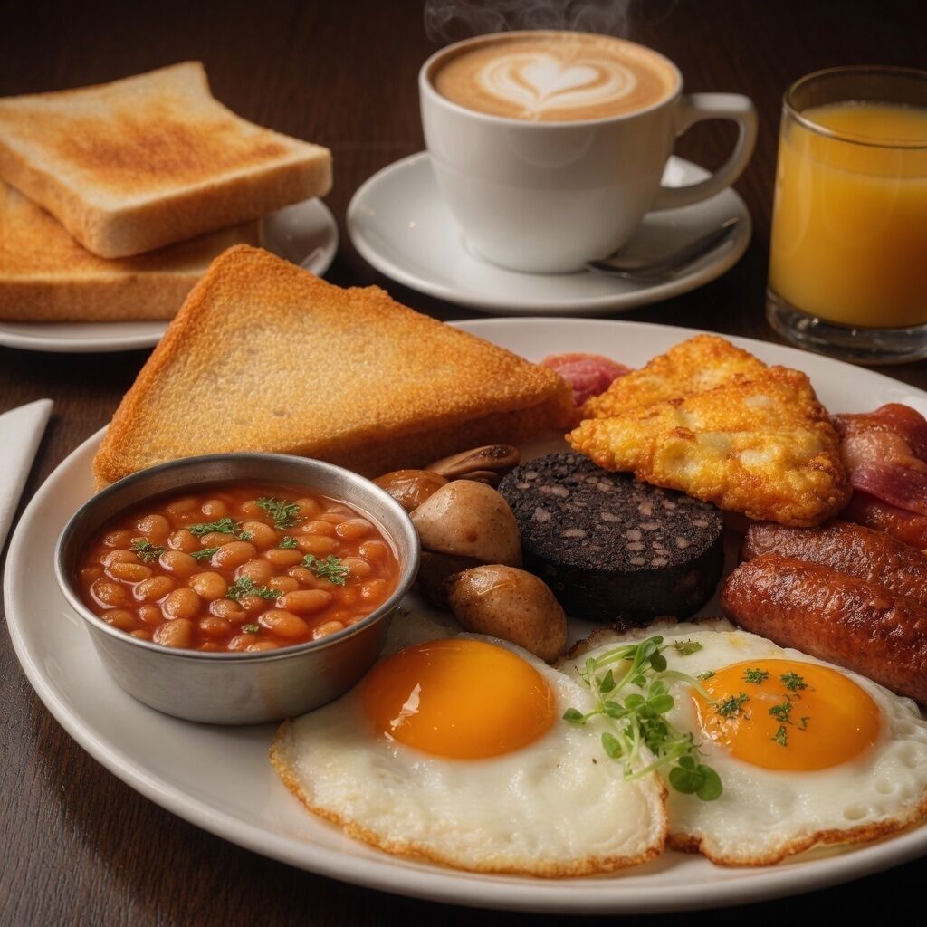 A breakfast plate with toast, eggs, beans, sausages, and a cup of coffee.